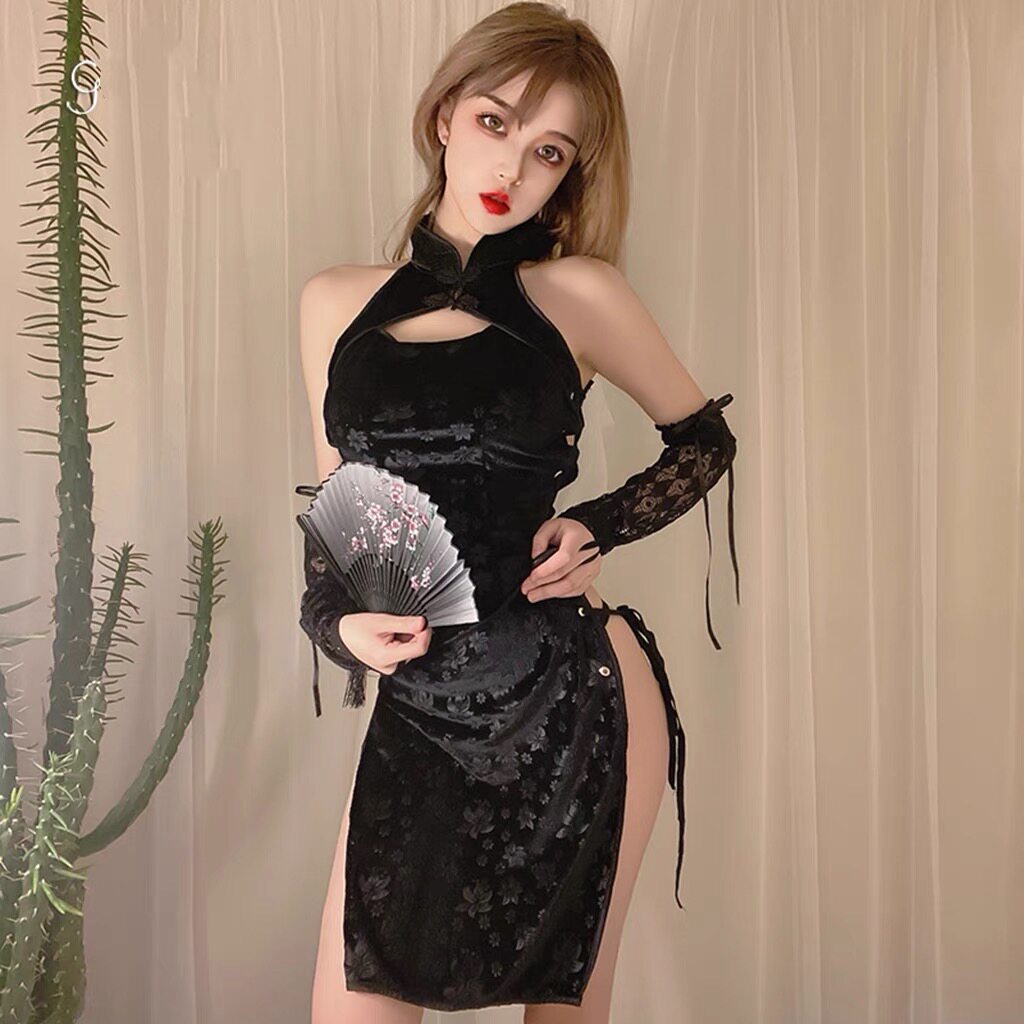 夜店B组gogo酒吧DS演出服领舞服国潮古风复古性感黑色绑带旗袍裙