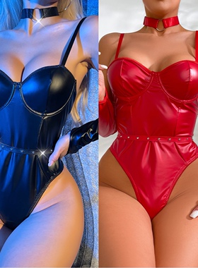 欧美跨境皮质亮面夜店辣妹性感情趣吊带露背高叉连身gogo演出服ds