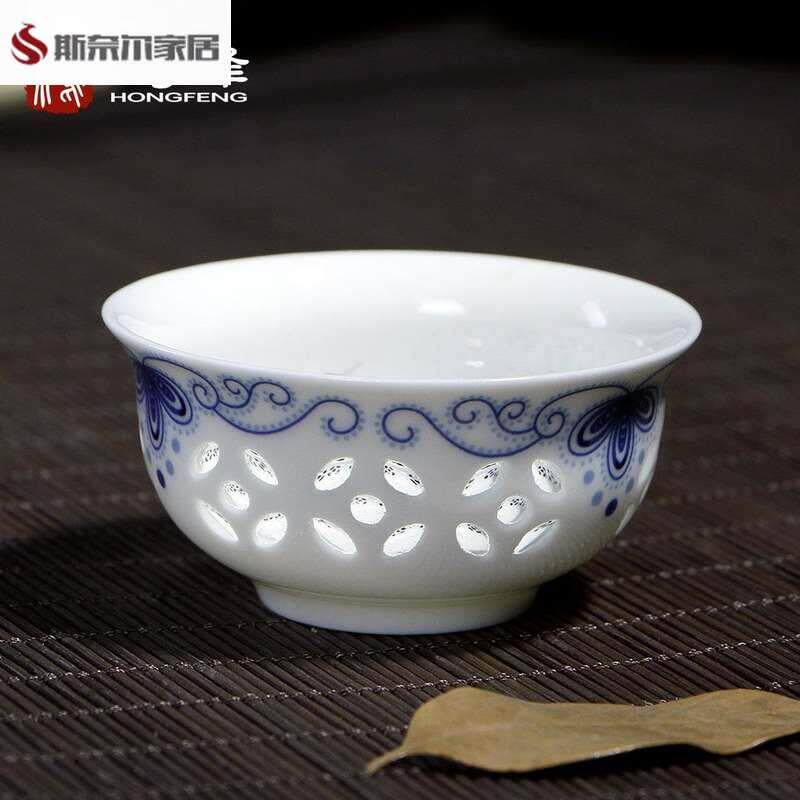 镂空玲珑薄胎青花瓷茶杯透光单杯陶瓷功夫茶具景德镇个人品茗杯