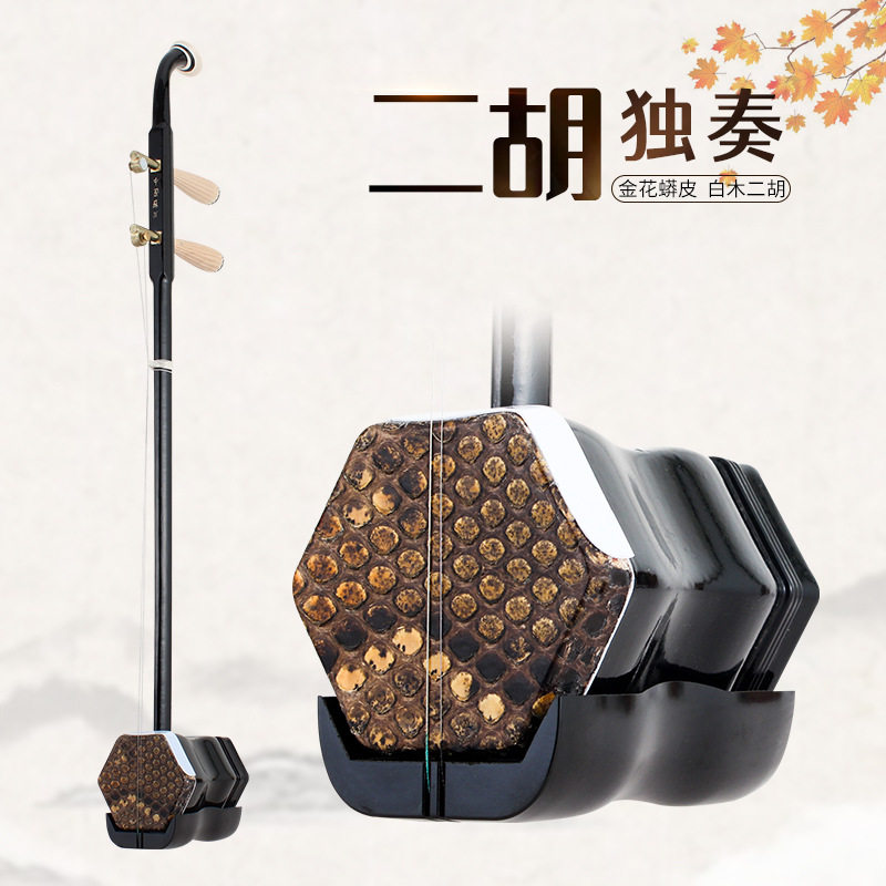 苏州二胡铜轸大鳞片蟒皮白木机械轴六角二胡初学乐器学生灵岩二胡