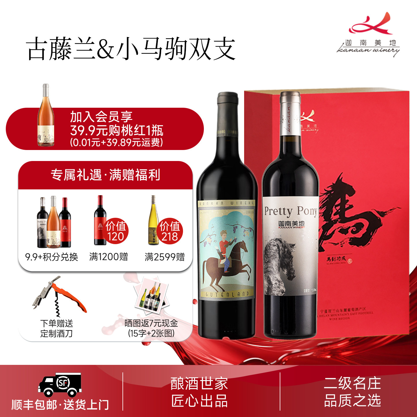 迦南美地古藤兰 小马驹干红葡萄酒礼盒套装2支宁夏红酒750ml
