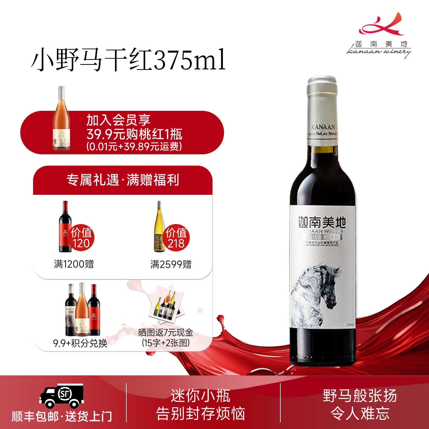 【量少不浪费】迦南美地小野马干红葡萄酒 宁夏红酒375ml小酒小酌