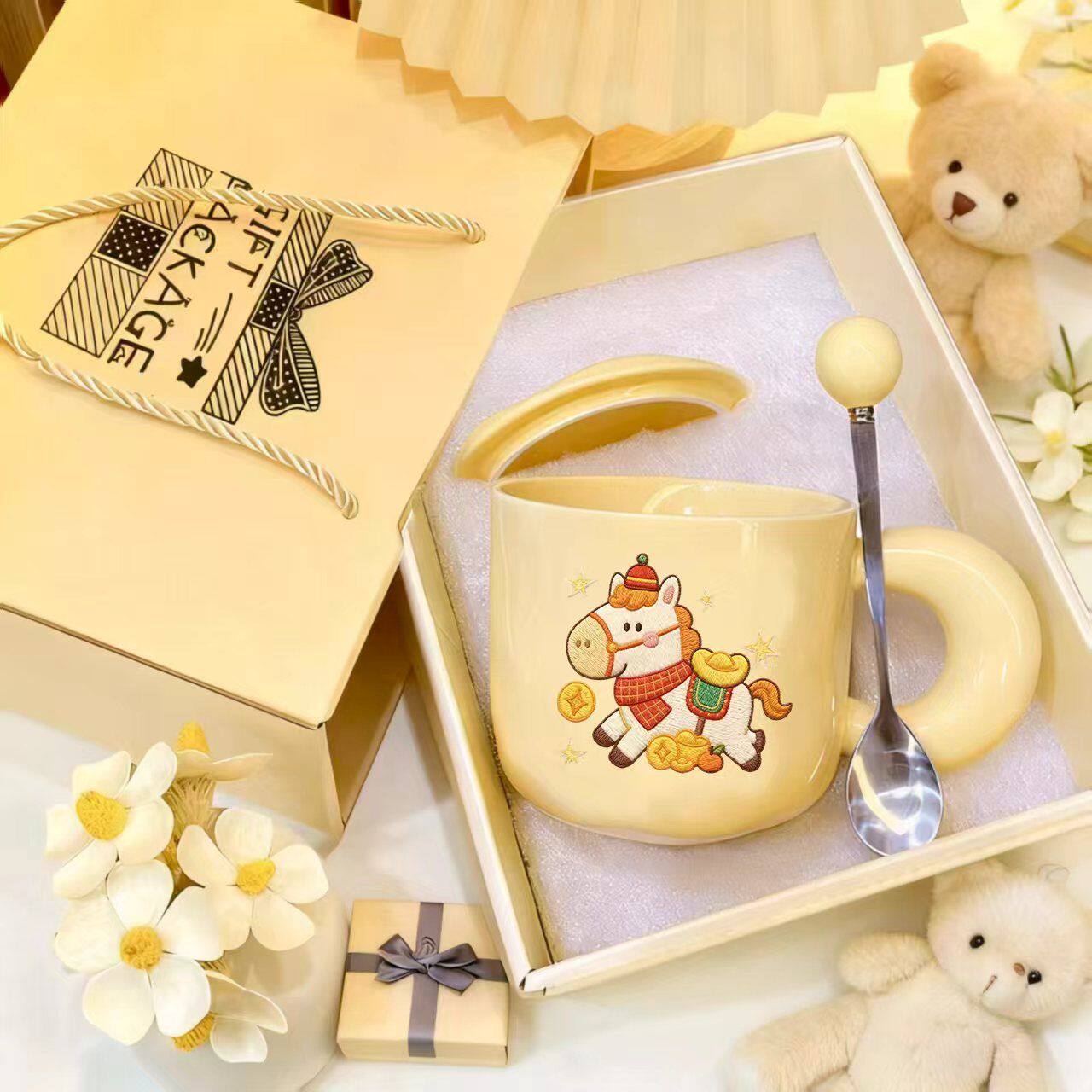 马上发财杯子马上发财陶瓷水杯新年礼物咖啡杯马克杯带盖勺年会伴
