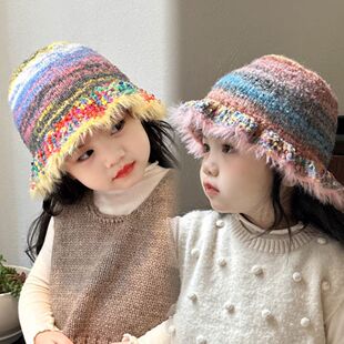 女童帽子洋气时髦冬儿童帽子亲子款撞色洋气针织渔夫帽宝宝时尚毛