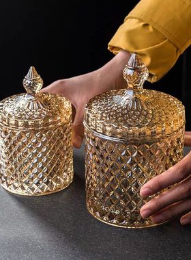 钻石密封罐欧式黄色水晶玻璃收纳罐方糖罐钻石糖果盒棉签盒化妆棉