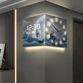 创意挂钟客厅2024新款 高级感转角双面时钟遥控led壁灯数显钟表画