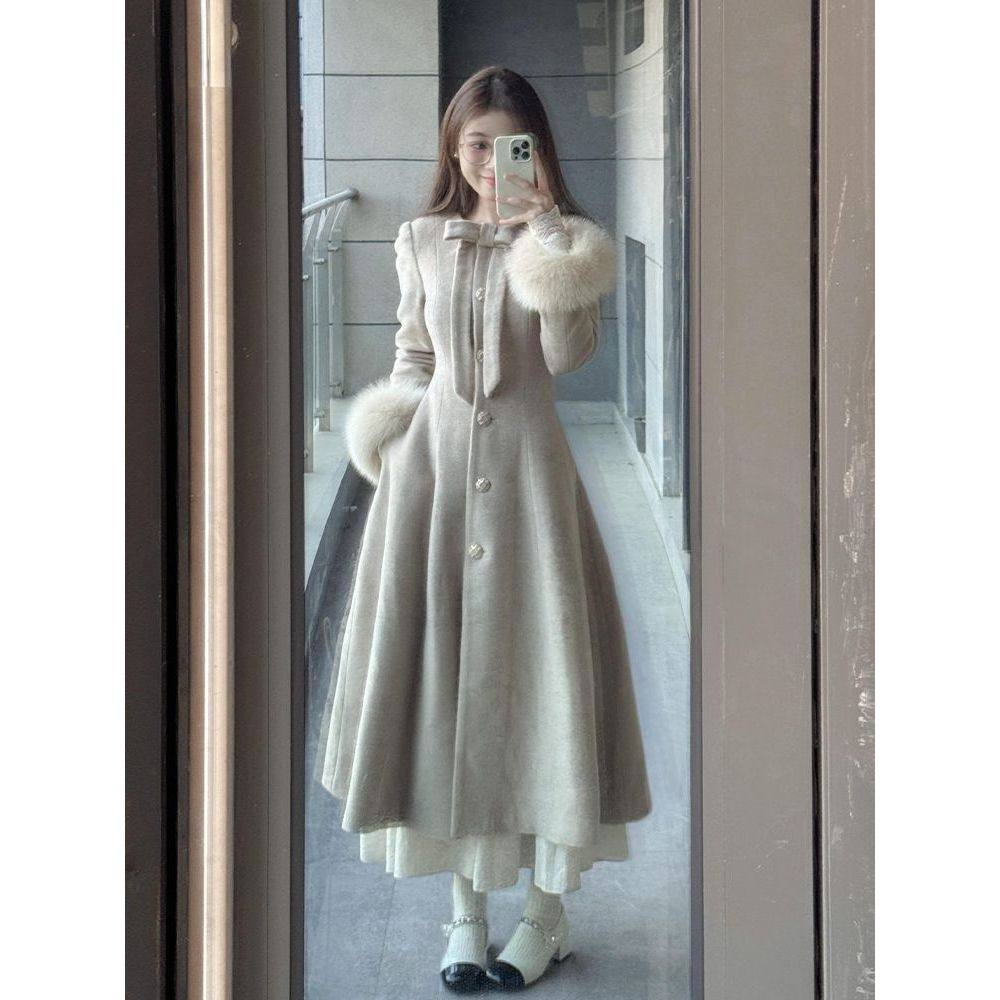 【琳娜】法式复古气质收腰长袖冬装新款呢大衣外套百搭毛呢大衣女