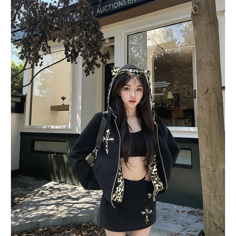 涩谷少女 秋装新款美式辣妹假两件豹纹针织外套连帽上衣短裙套装