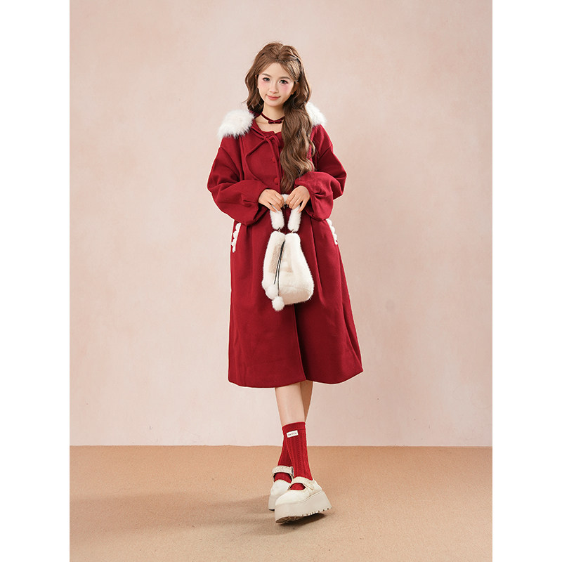 新年战袍学院风圣诞红色蝴蝶结大衣女秋冬季小个子中长款连帽外套,女装/女士精品,毛呢外套,淘宝优惠券,粉丝福利购,淘宝优惠卷