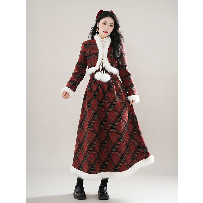 红格氛围感连衣裙夹棉外套打底衫毛呢套装韩版万圣节设计感三件套