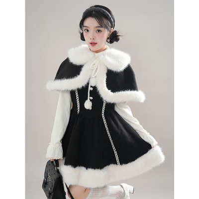 毛茸茸斗篷呢子套装裙女2024秋冬新款加厚毛绒拼接圣诞裙子三件套
