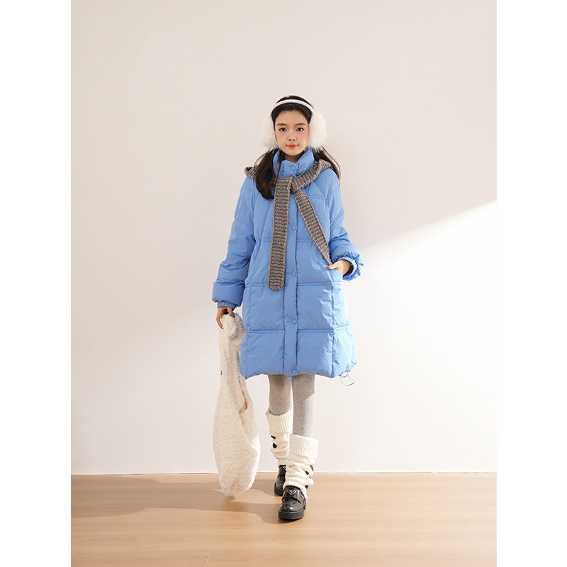 韩系百搭蓝色棉服冬季新款流行简约时尚带披肩保暖中长款外套女