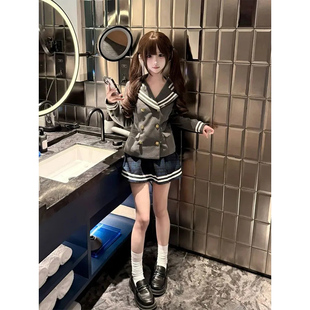 学院风JK制服套装女秋冬新款小个子海军领双排扣上衣+短裙两件套