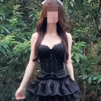 辣妹吊带上衣性感蕾丝鱼骨胸衣黑色蓬蓬半裙两件套装女20225夏季