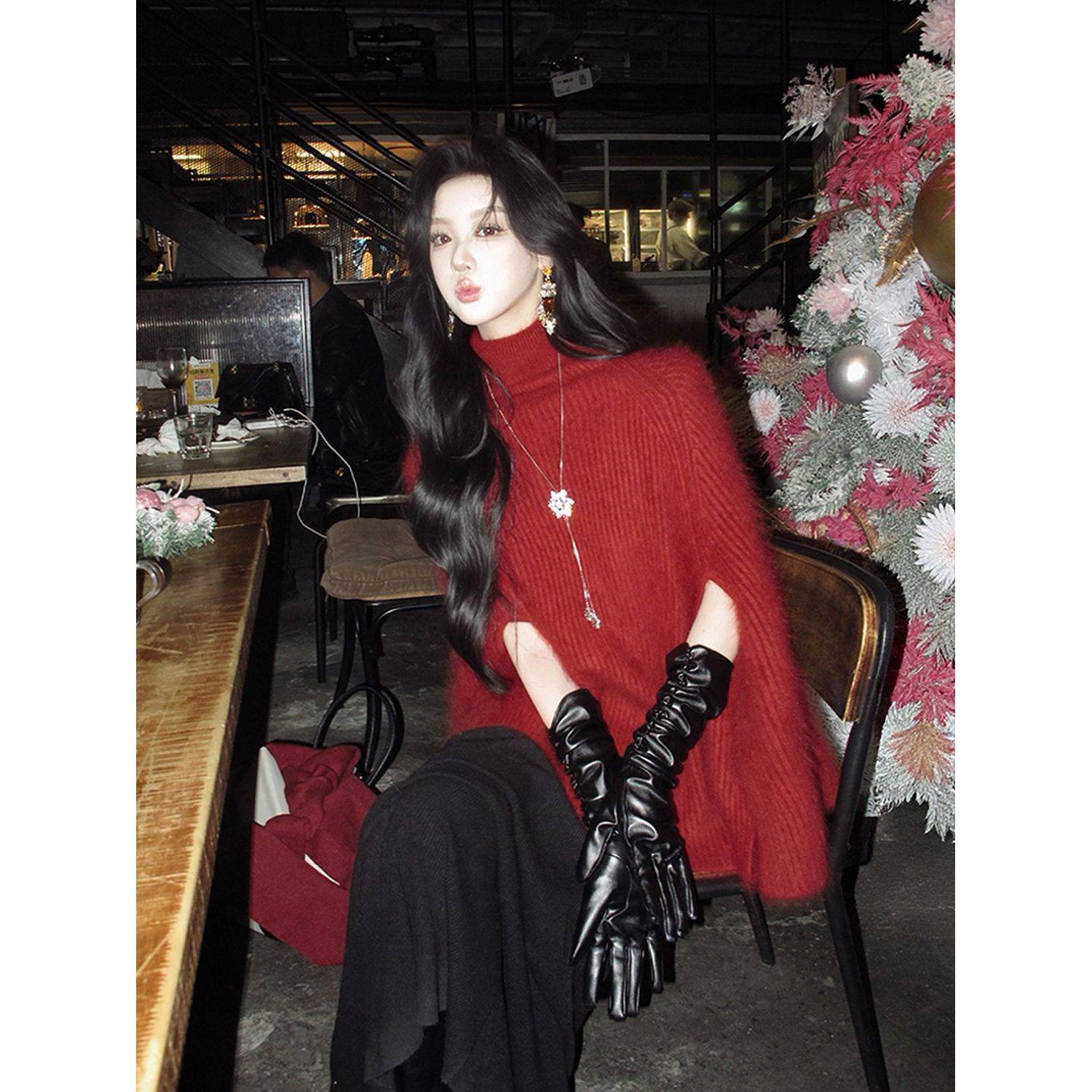 红莓耶诞 圣诞穿搭高领红色毛衣斗篷针织衫上衣+黑色长裙套装冬女,女装/女士精品,时尚套装,淘宝优惠券,粉丝福利购,淘宝优惠卷