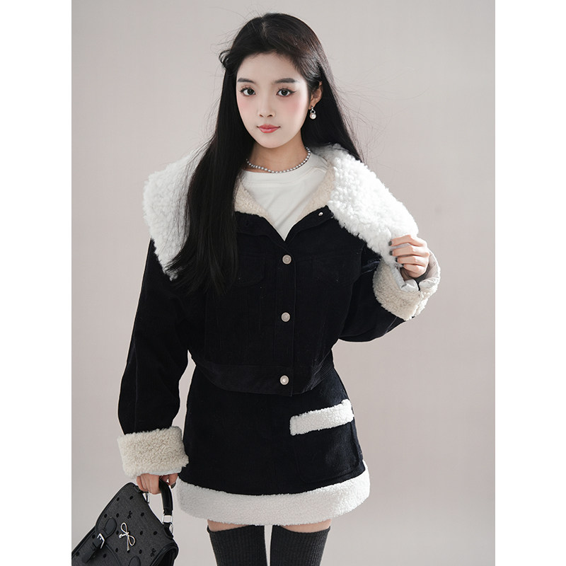 【冬日街头】韩版新款洋气加厚大翻领外套+显瘦半身裙气质千金风