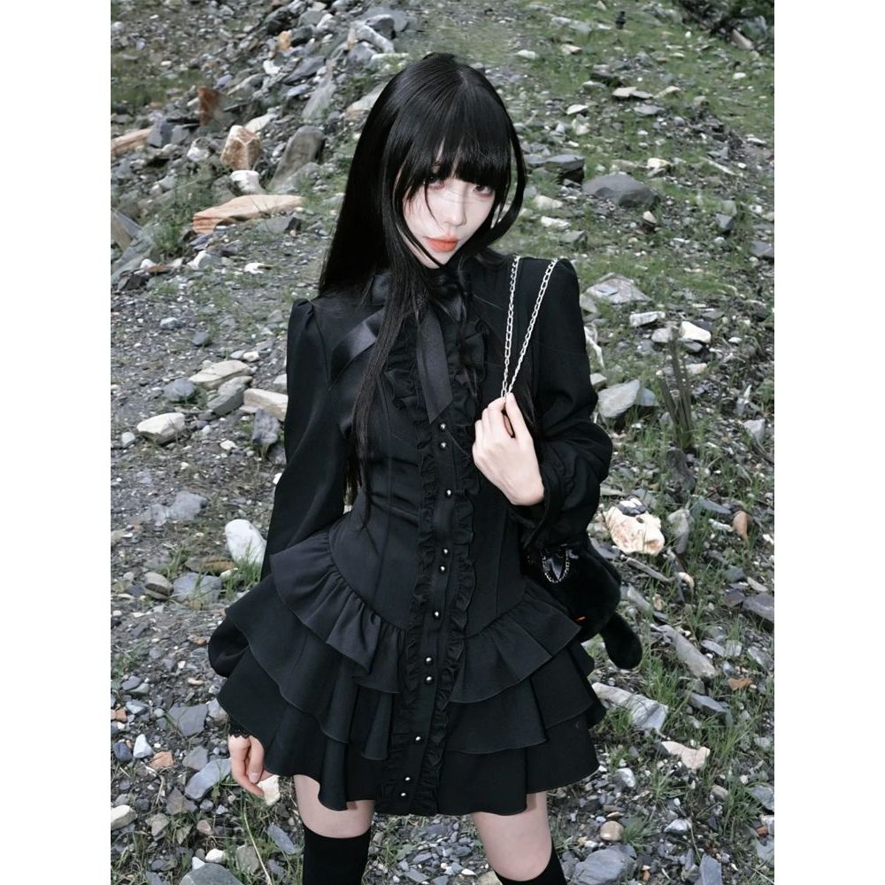 黑巧 暗黑系哥特风蝴蝶结长袖收腰连衣裙拼接木耳边蓬蓬蛋糕短裙