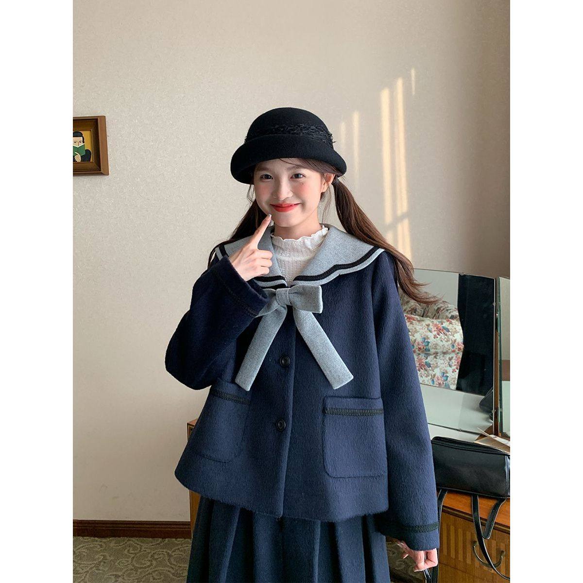 甜美可爱小个子学院风藏青色撞色拼接海军领外套+半身裙两件套女