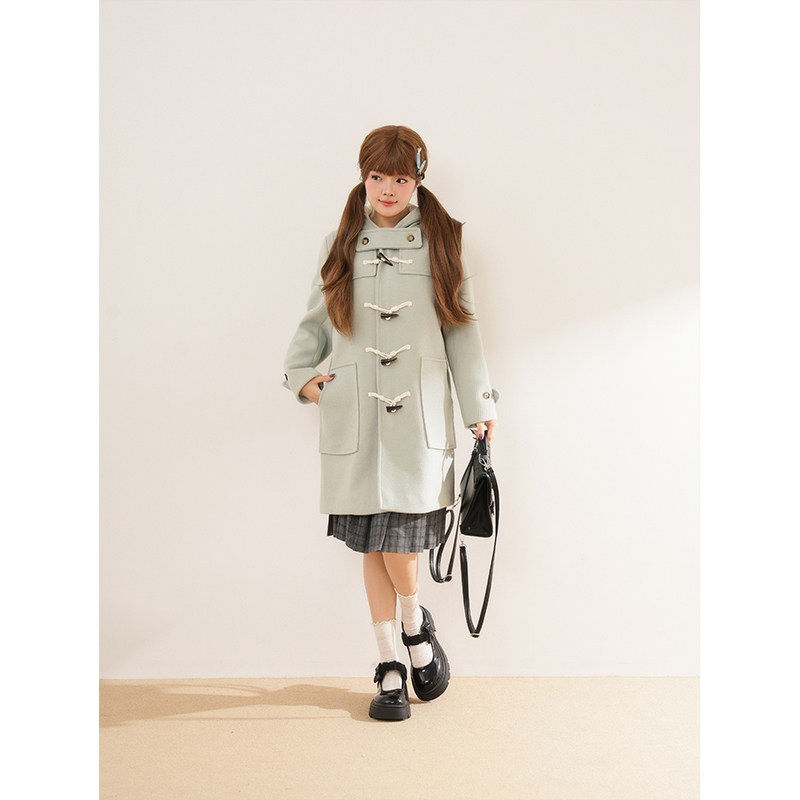 薄荷清酒 冬季新款日系古早奈奈风设计连帽牛角扣中长款毛呢外套