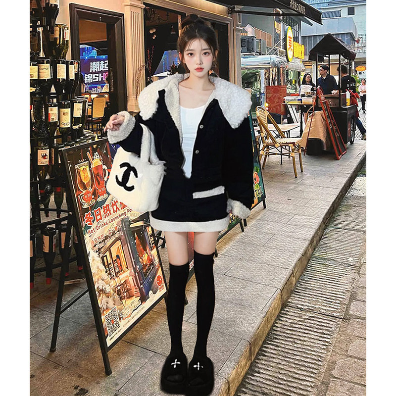【冬日街头】韩版新款洋气加厚大翻领外套+显瘦半身裙气质千金风