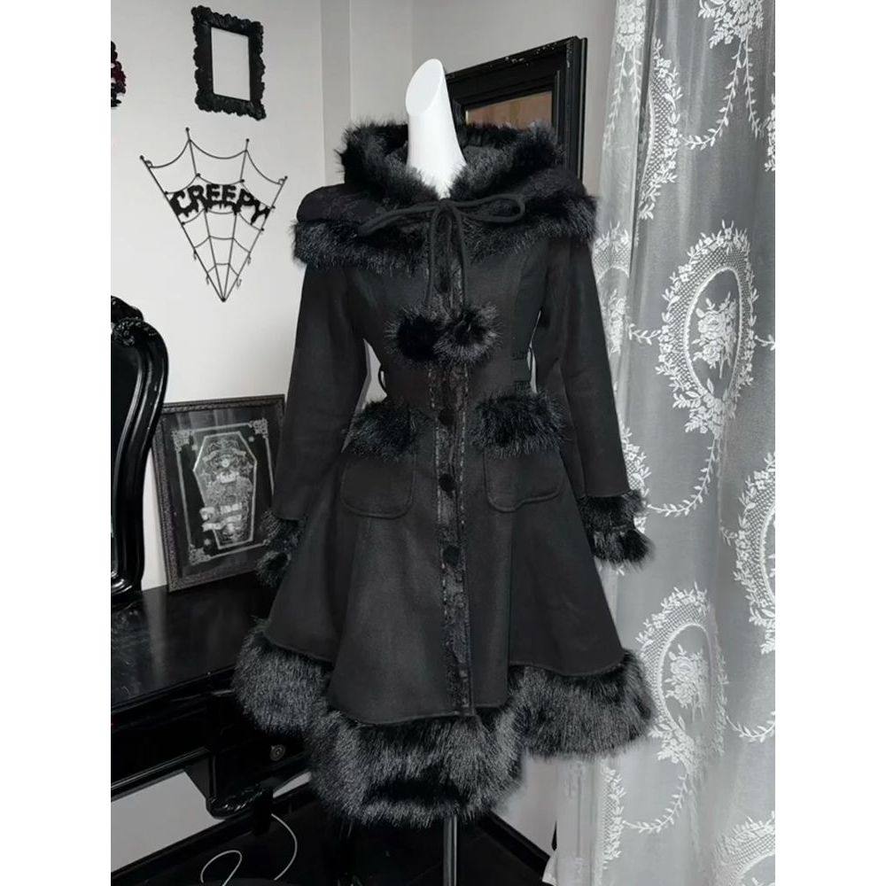 黑化魔女 日系暗黑哥特Lolita毛绒绒中长款毛呢大衣冬季新款外套