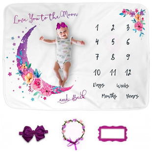 婴儿里程碑拍照毯含发带花环法兰绒背景毯宝宝盖毯抱毯成长纪念毯