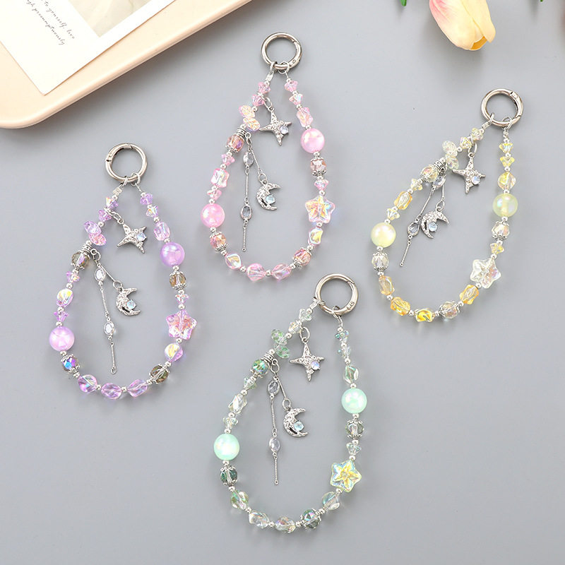 新款高级感水晶星星串珠手腕式手机挂件宝石月亮箱包挂饰防丢挂链