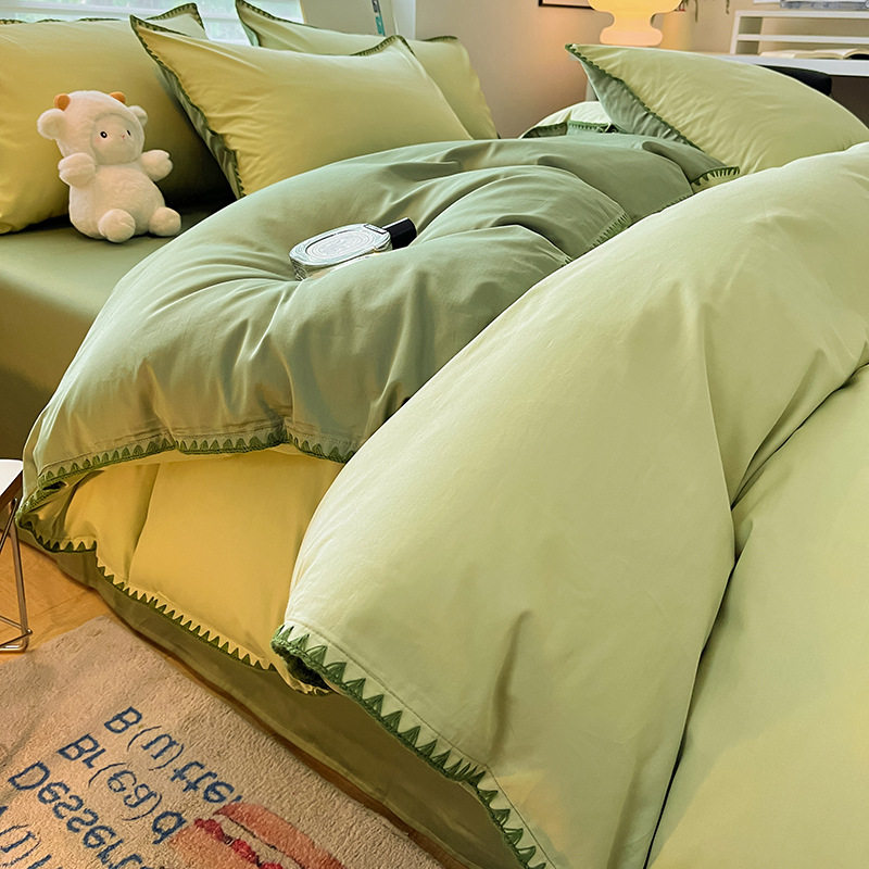 纯棉贝壳绣四件套纯色被套被罩床上用品宿舍床单人三件套全棉被单