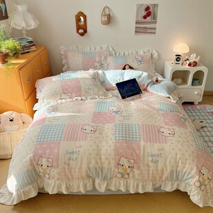 秋冬韩式公主风花边款卡通牛奶绒四件套加厚绒床单被套南通市家纺