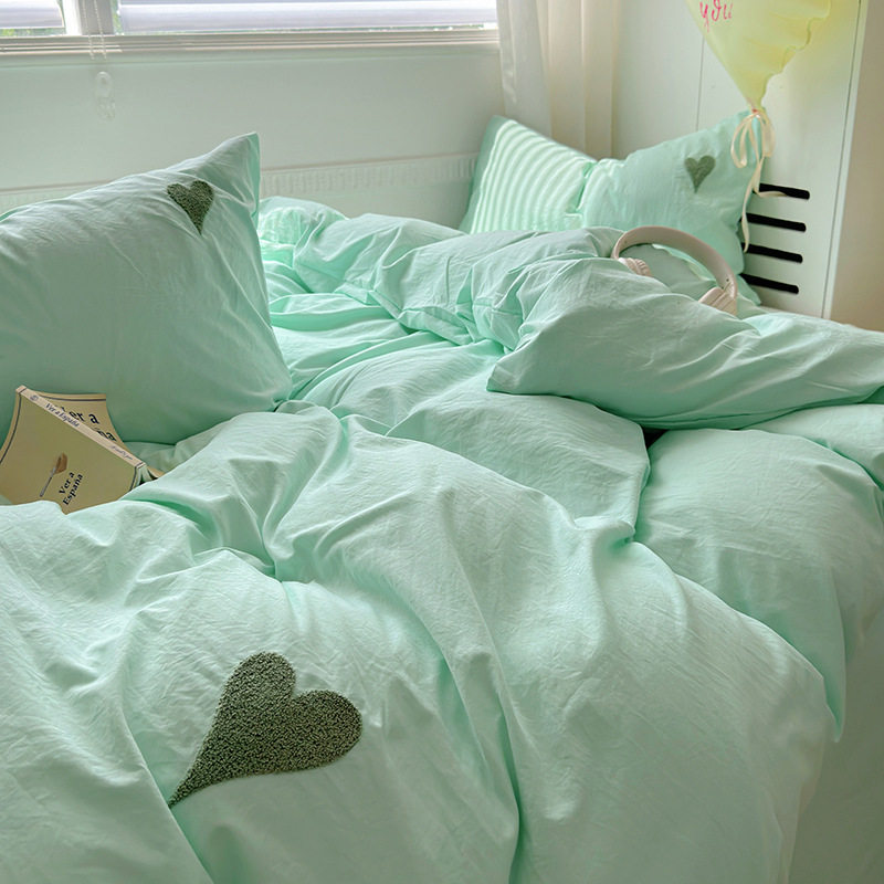 ins心软糯亲肤水洗棉绿爱心毛巾绣三四件套1.5m1.8床单笠被套