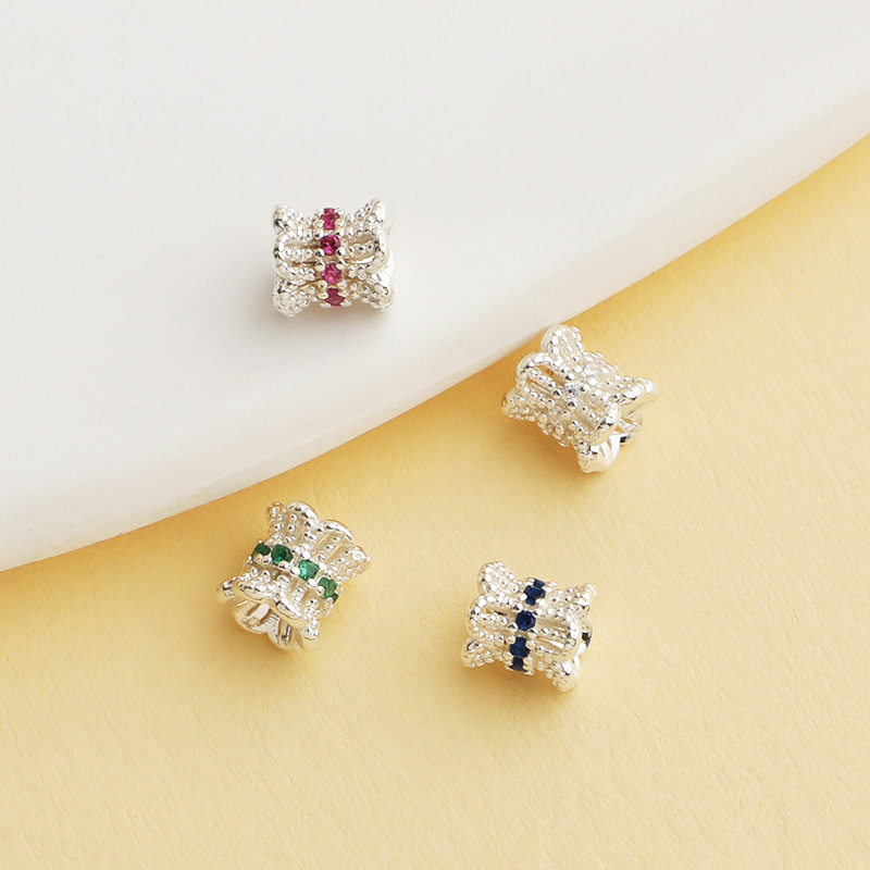 S925纯银镶彩色锆石双面花托隔珠DIY串珠水晶项链手链配件珍珠