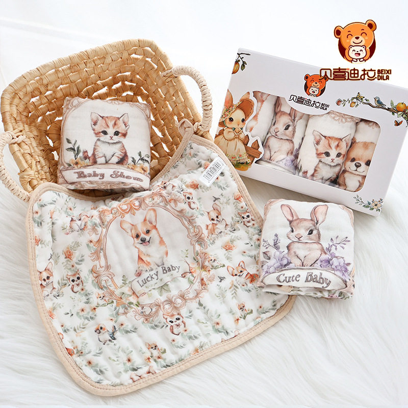 婴儿口水巾卡通印花新生儿柔软吸水小方巾六层泡泡纱宝宝洗脸毛巾