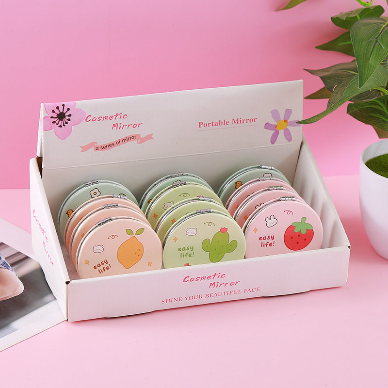 圆形小清新植物风化妆镜家用可爱卡通可折叠化妆镜高清学生折叠镜