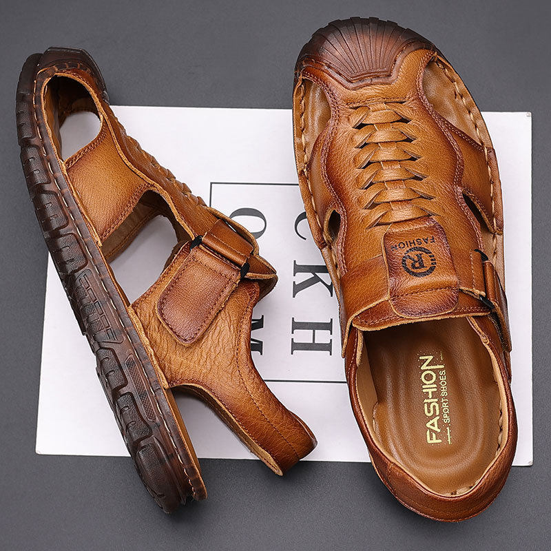 潮牌凉鞋男包头夏季外穿休闲真皮沙滩鞋男款防滑软底开车镂空拖鞋