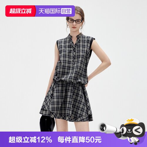 ELLE复古格纹花苞连衣裙