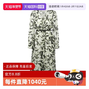 【自营】MaxMara女士花卉图案满印花V领收腰长袖桑蚕丝长款连衣裙