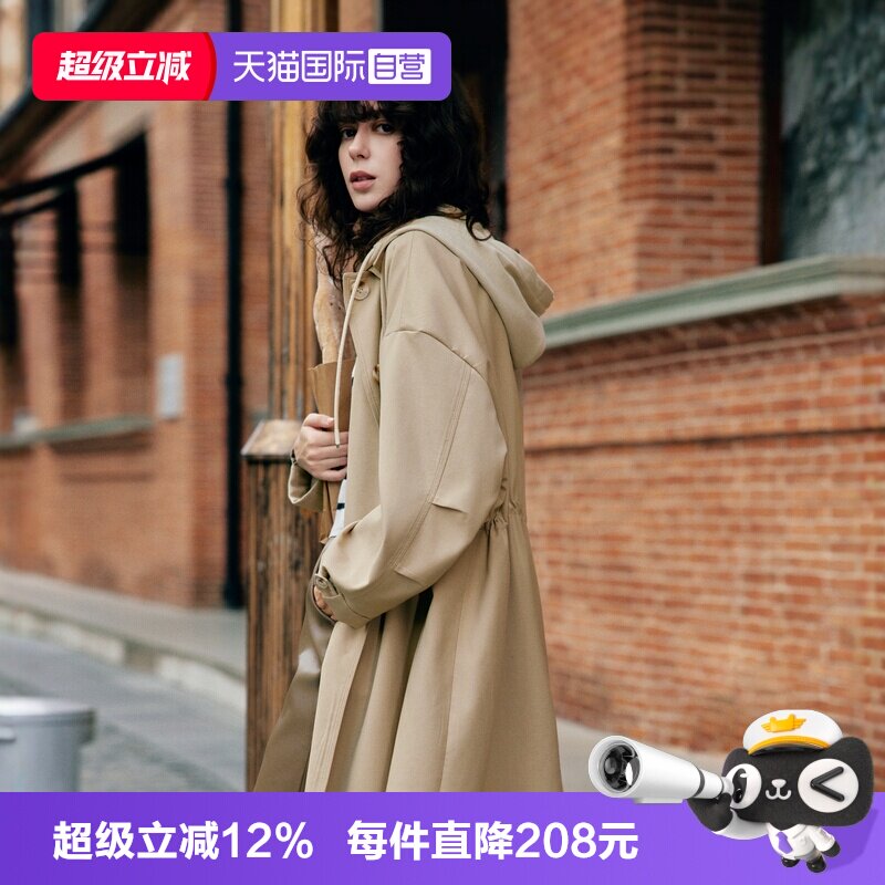 【自营】ELLE法式拼接撞色连帽风衣外套女2026秋季新款中长款上衣图片