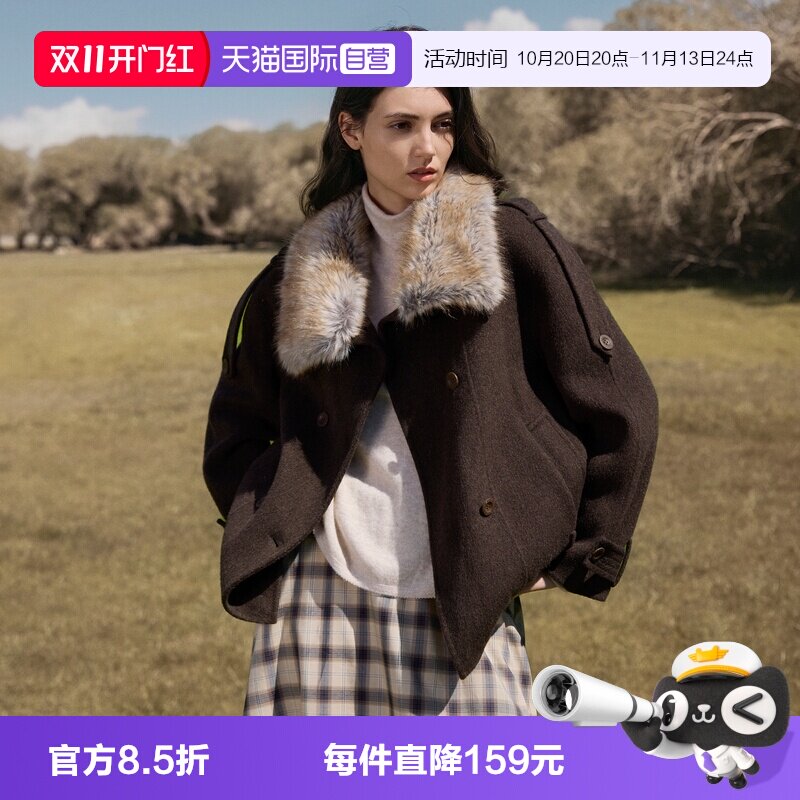 ELLE绵羊毛大毛领双面呢大衣