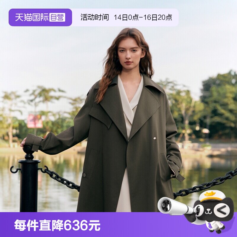 【自营】ELLE法式中长款大翻领风衣女2025春新款通勤宽松休闲外套