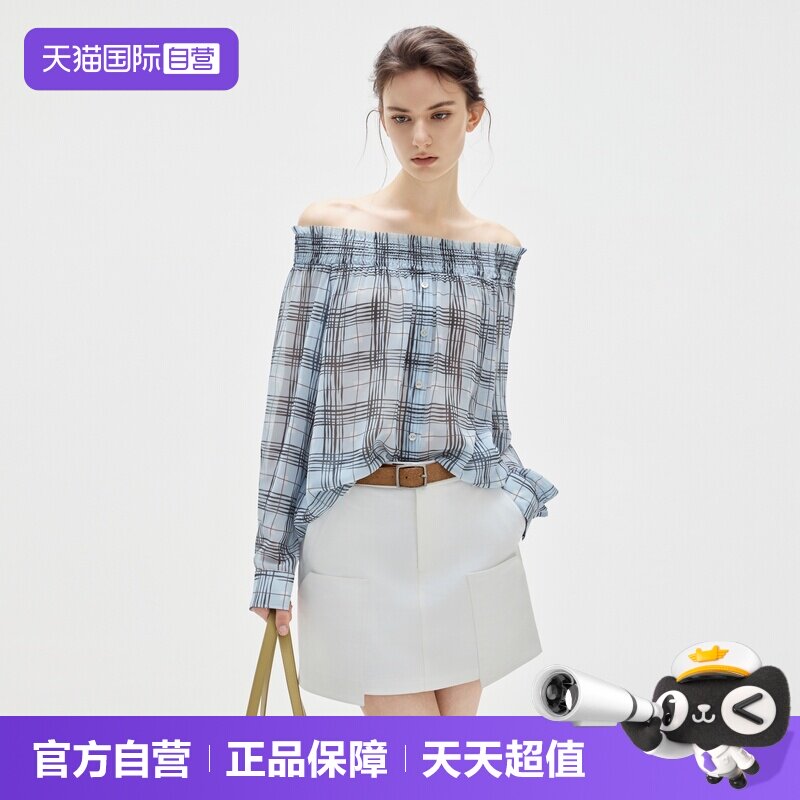 ELLE格纹一字领雪纺上衣花苞衬衫图片