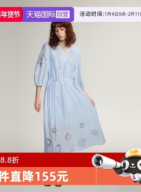 【自营】【蓝风铃】ELLE蓝色镂空绣花连衣裙女24秋季新款气质裙子