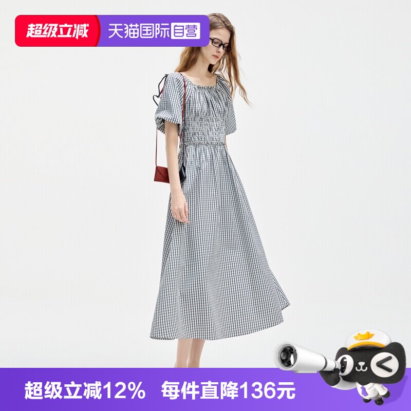 ELLE法式复古格纹收腰连衣裙图片