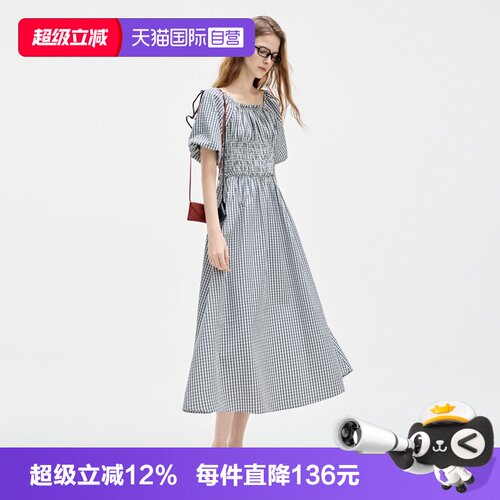 ELLE法式复古格纹收腰连衣裙