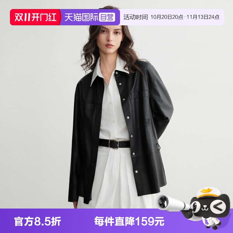 ELLE黑色皮质衬衫外套女