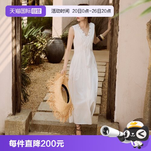 ELLE度假风串珠V领连衣裙