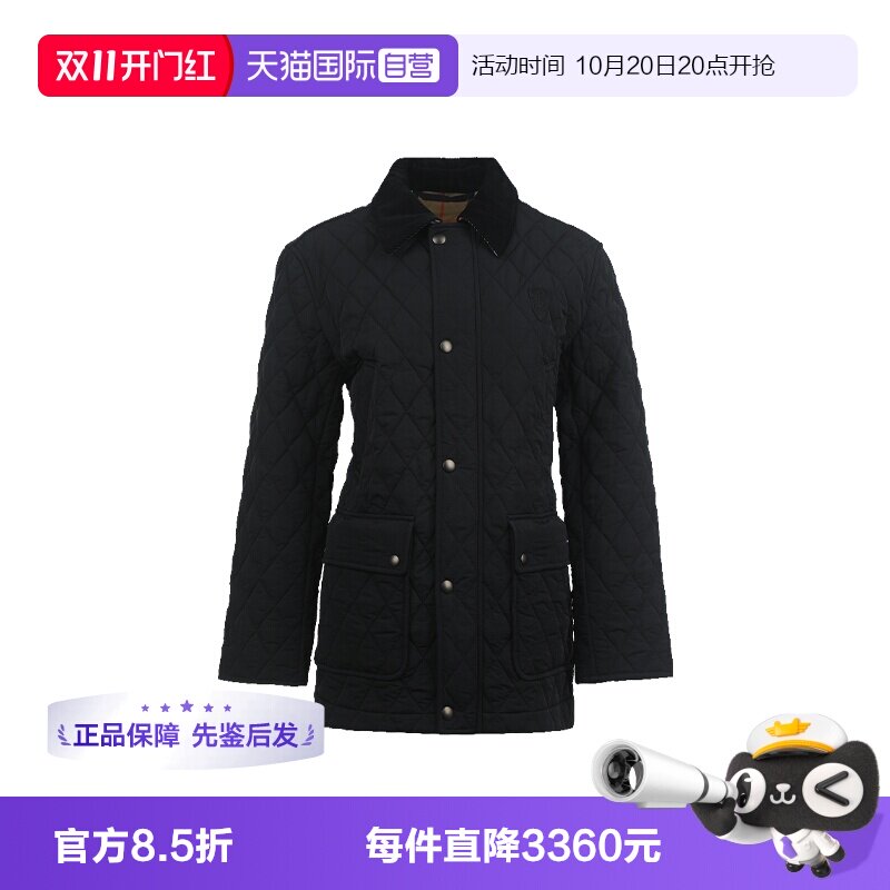 【自营】BURBERRY/博柏利女士纯色Logo贴花翻领单排扣薄棉褛外套
