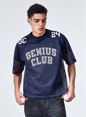 Geniusclub长袖网眼透气宽松藏蓝logo情侣嘻哈美式冰球街头短袖