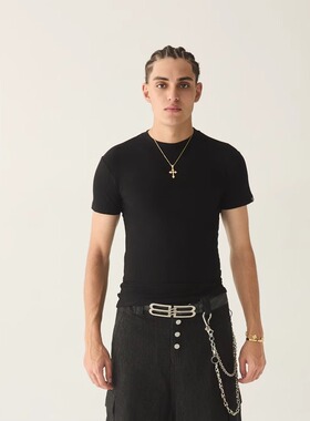 GENIUSCLUB新品美式潮流街头logo螺纹条纹修身打底纯色印花T恤