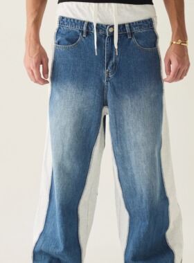 GENIUSCLUB双层卫裤拼接牛仔裤缝合白底直筒宽松简约百搭长裤男女