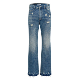 牛仔裤 GENIUSCLUB水洗蓝色重工破洞美式 街头新款